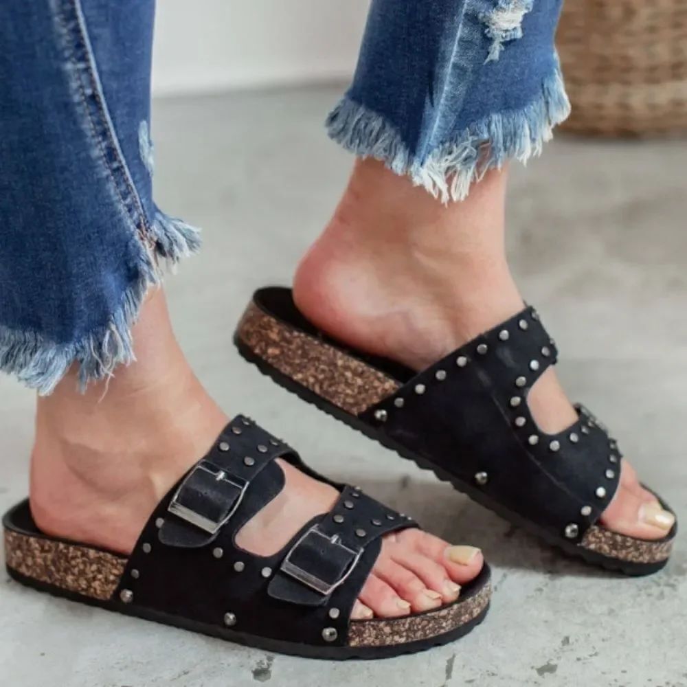 BRAND NEW OLIVIA MILLER DOUBLE STRAP PYRAMID STUDDED DETAILING ROUND TOE SANDAL
